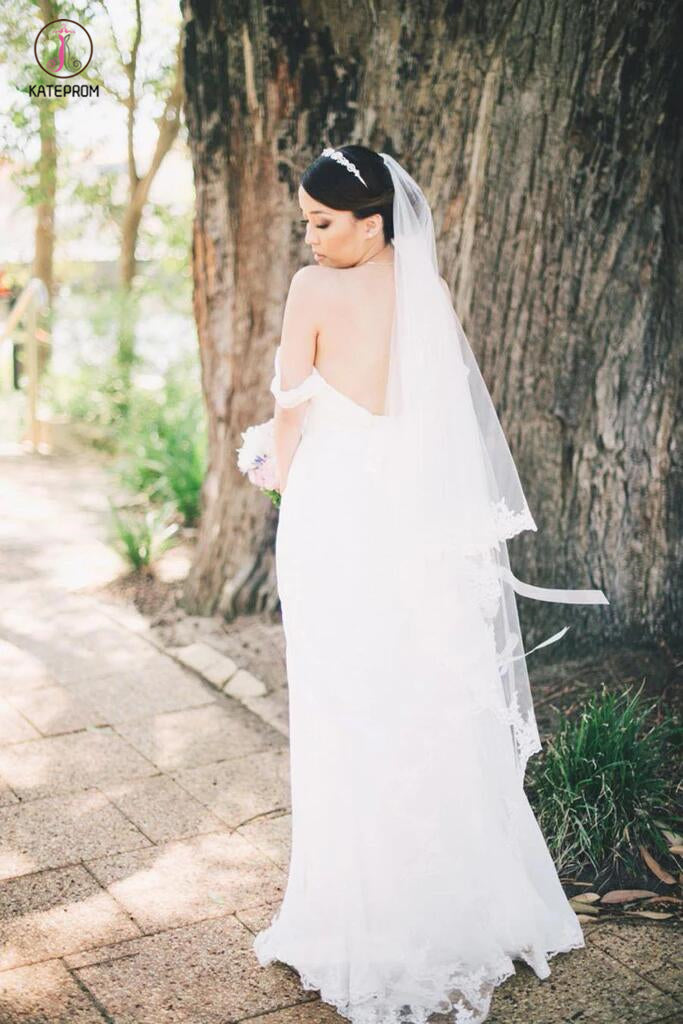 Flowy Off the Shoulder Chiffon Beach Wedding Dress, Simple Long Pleated Bridal Dress KPW0278