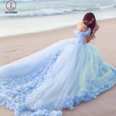 Pink Off the Shoulder Tulle Flower Wedding Dresses Ball Gowns Quinceanera Dress KPW0265