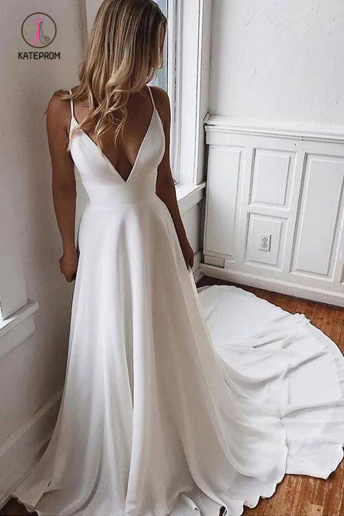 Simple Spaghetti Strap Chiffon Beach Wedding Dress with Beading Back KPW0538