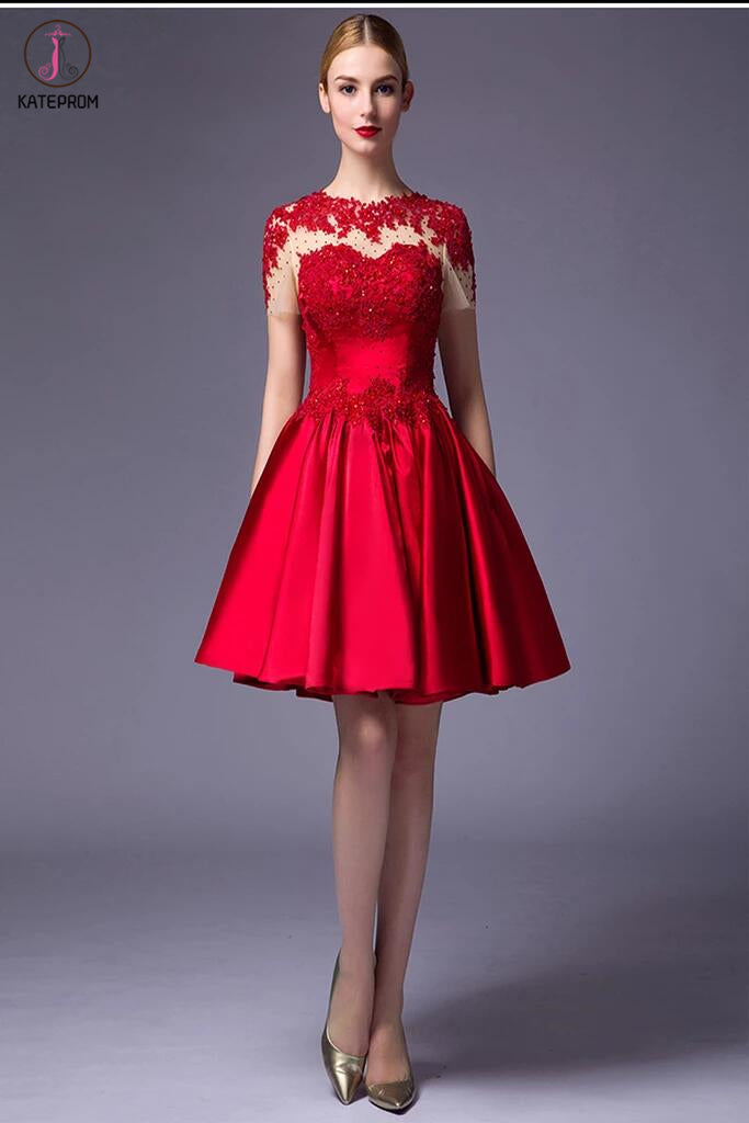 Cap Sleeves Beaded Red Lace Homecoming Cocktail Dresses KPH0016