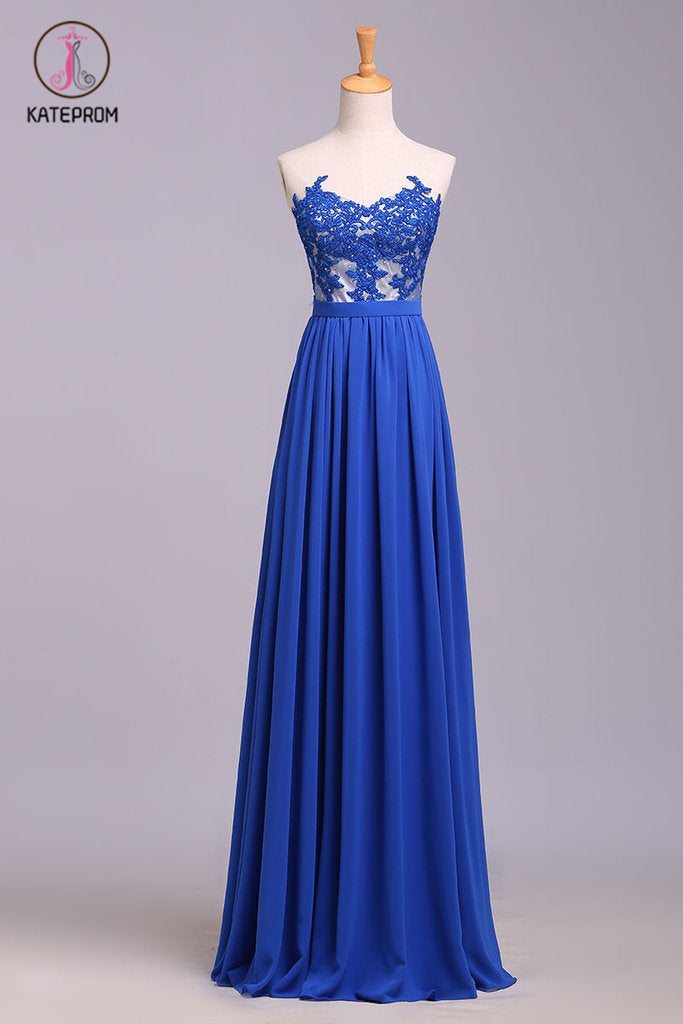 Elegant Strapless Chiffon Evening Dress with Lace Appliques, Long Prom Dress KPP0575