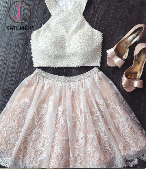 Two Piece Short White Lace Homecoming Dress with Pearls,Mini Dresses,Short Prom Dress KPH0102
