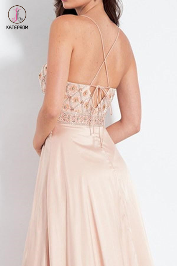 Spaghetti Straps V Neck Slit Prom Dress with Beading, Beaded Prom Gown, Party Dress KPP0467