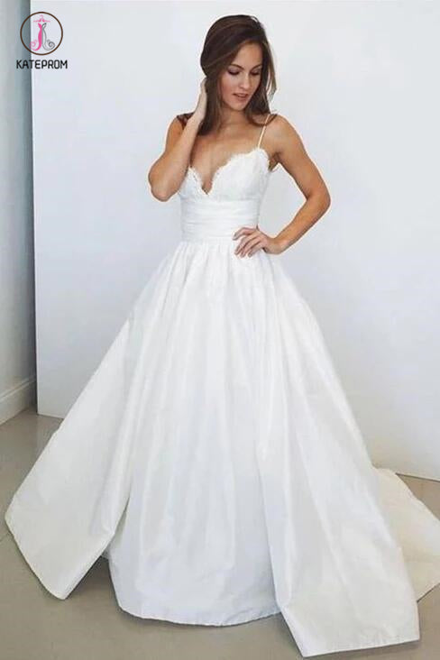 Spaghetti Straps White V Neck Sleeveless Satin Bridal Dress,Beach Wedding Gown KPP0283