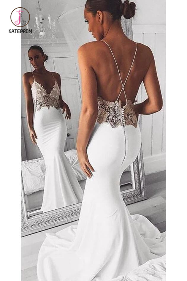 Sexy Spaghetti Straps Mermaid Wedding Dresses, Long Beach Wedding Dress with Lace KPW0381