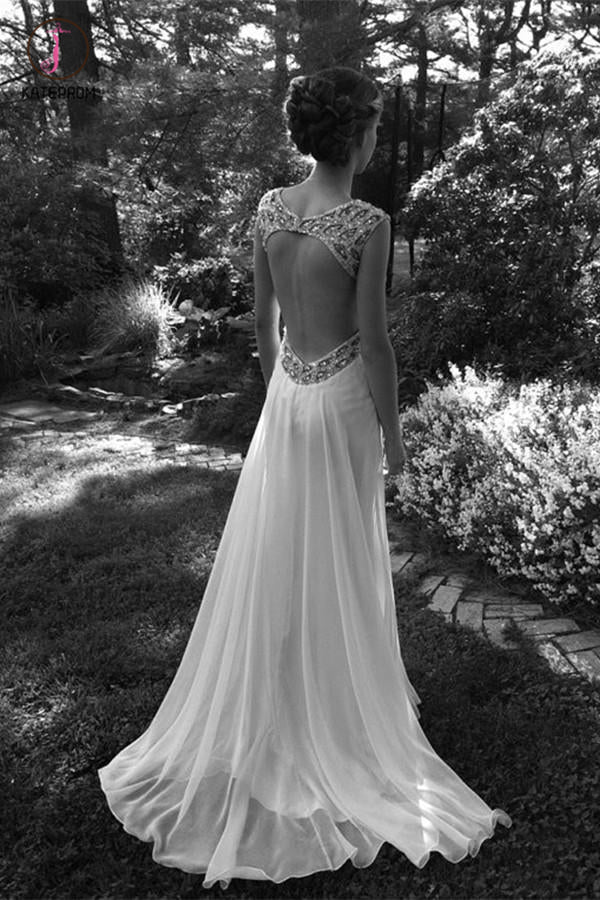 Ivory V Neck Chiffon Open Back Prom Dresses,Sparkly Long Prom Dress with Rhinstones KPP0444
