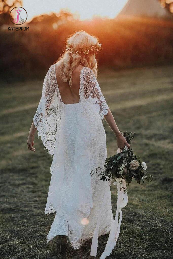 Ivory Boho Wedding Dresses with Batwing Sleeve Lace Rustic Backless Wedding Dresses KPW0410