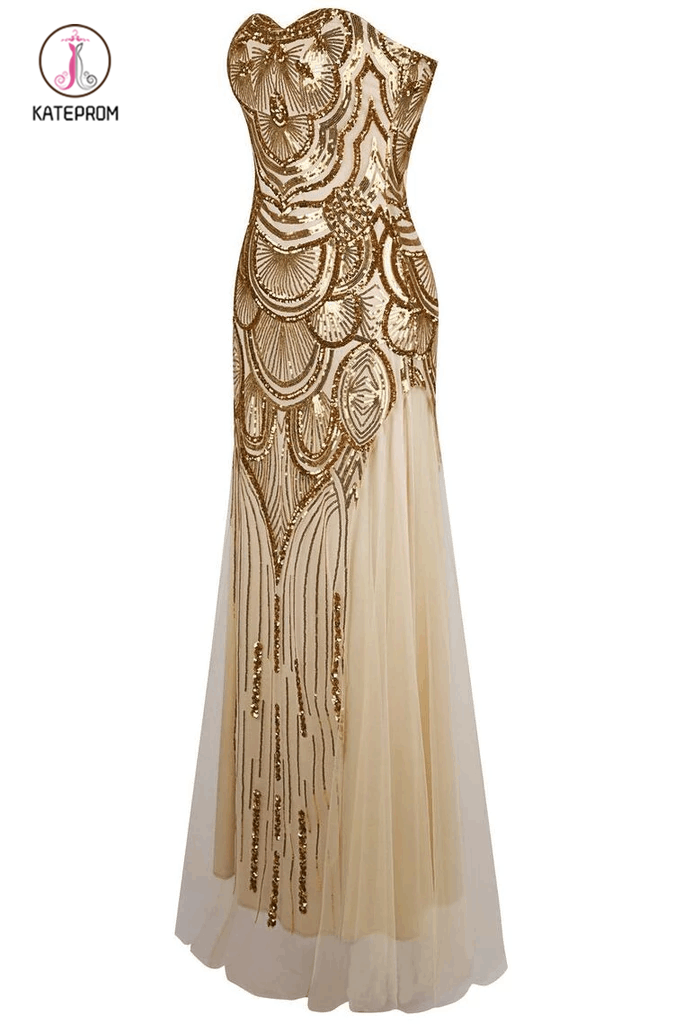 Floor Length Sweetheart Tulle Prom Dress with Sequins, Strapless Formal Dresses KPB0133