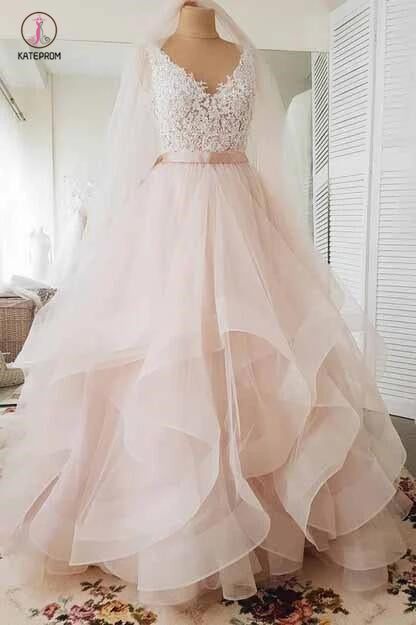 Light Pink V-neck Sleeveless Sweep Train Lace Top Tulle Wedding Dress with Sash KPW0173