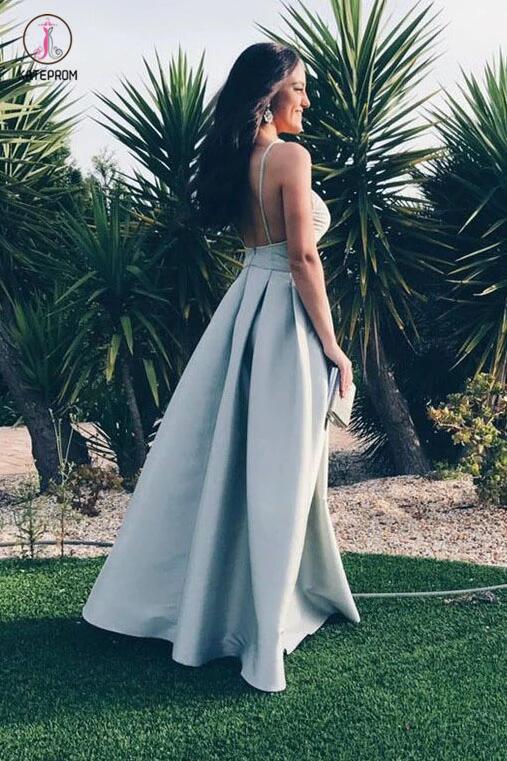 Spaghetti Straps Deep V Neck Floor-length Satin Prom Dresses,Long Evening Dresses KPP0224