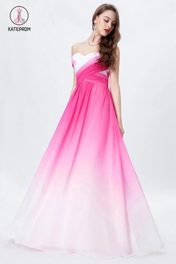 Hot Pink Ombre A-line Sweetheart Strapless Chiffon Floor Length Bridesmaid Dress KPB0089