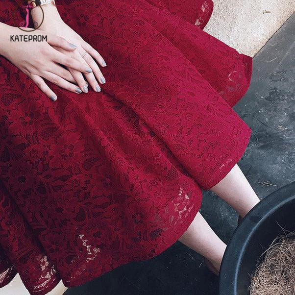 Burgundy Lace V-neck Homecoming Dress,Half Sleeve V Neck Short Prom Dresses KPH0165