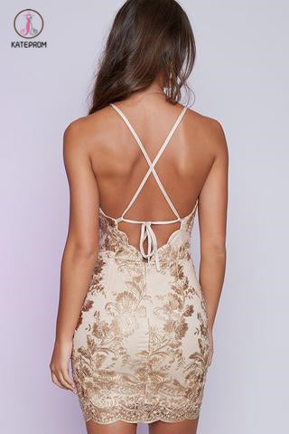 Sexy Sheath Spaghetti Straps Open Back Mini Homecoming Dresses with Appliques KPH0253