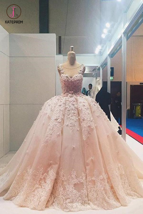 Ball Gown Sleeveless Lace Appliqued Tulle Prom Dresses, Quinceanera Dress Wedding Dress KPP0498