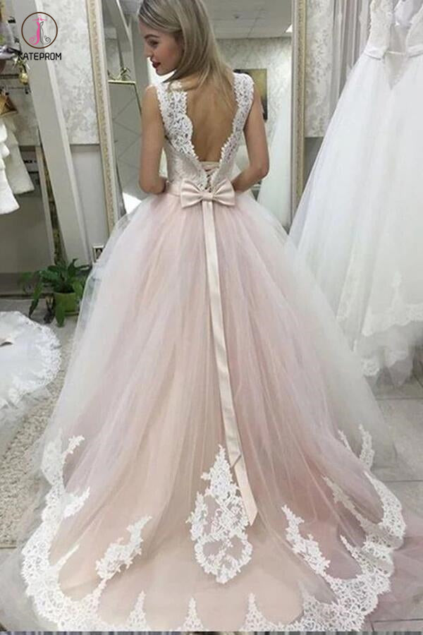 Pale Pink Court Train Wedding Dress with Lace Appliques, Sleeveless Bridal Dress KPW0240