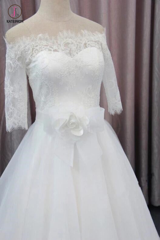 A Line 3/4 Sleeves Tulle Wedding Dress with Flowers, Fluffy Off Shoulder Bridal Dress with Lace KPW0223