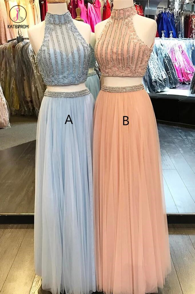 Two Piece Beaded High Neck Light Sky Blue Tulle Sleeveless Long Formal Dress KPP0338