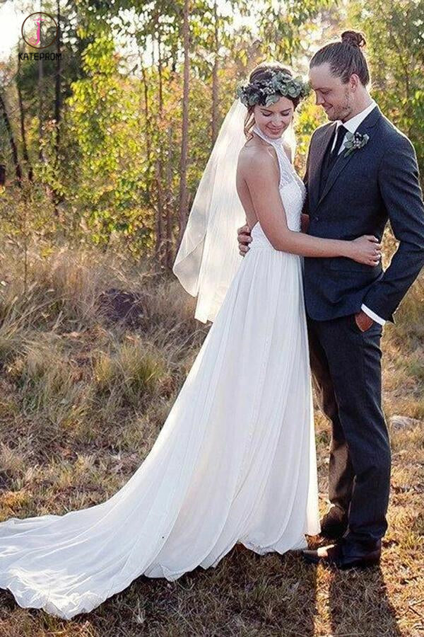 Fashion A-line Halter Sleeveless Backless Chiffon Beach Wedding Dress with Lace KPW0174