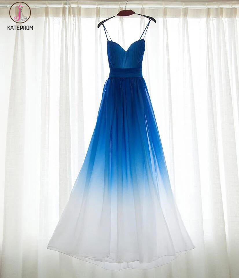 Spaghetti Strap Royal Blue Ombre Bridesmaid Dresses,Chiffon Prom Dress,A-line Bridesmaid Gown KPB0041