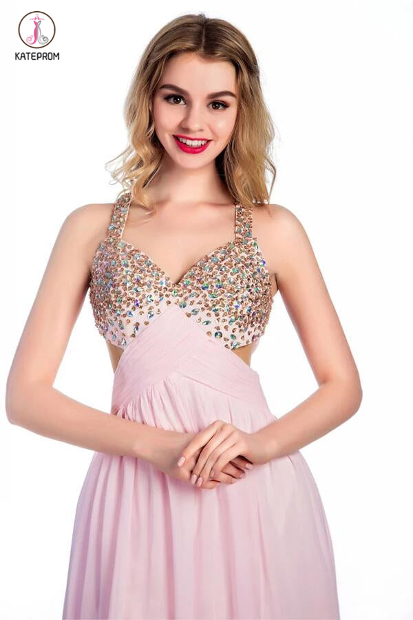 Floor-length Pink Chiffon V-neck Prom Dresses Homecoming Dress KPP0114