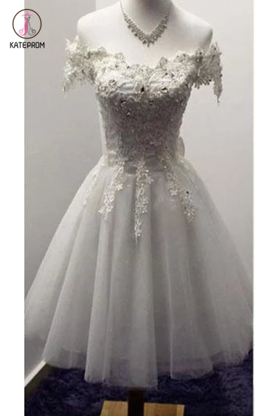 A-line Off-the-shoulder Tulle Homecoming Dress,Appliqued Short Prom Dress With Bow KPH0151