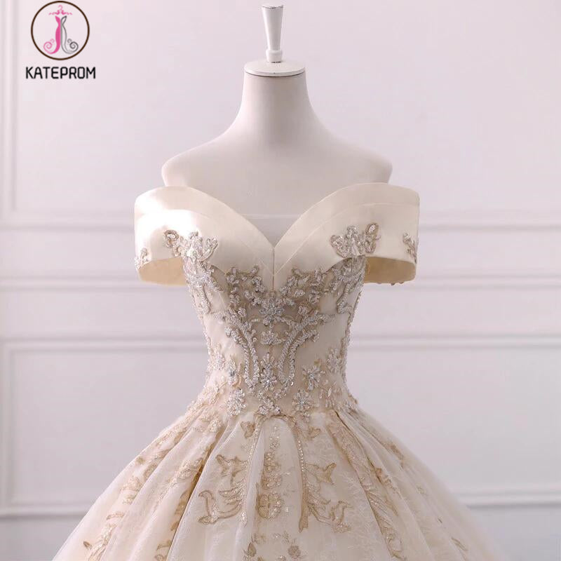Gorgeous Off the Shoulder Ball Gown Wedding Dress, Long Appliques Bridal Dress KPW0322