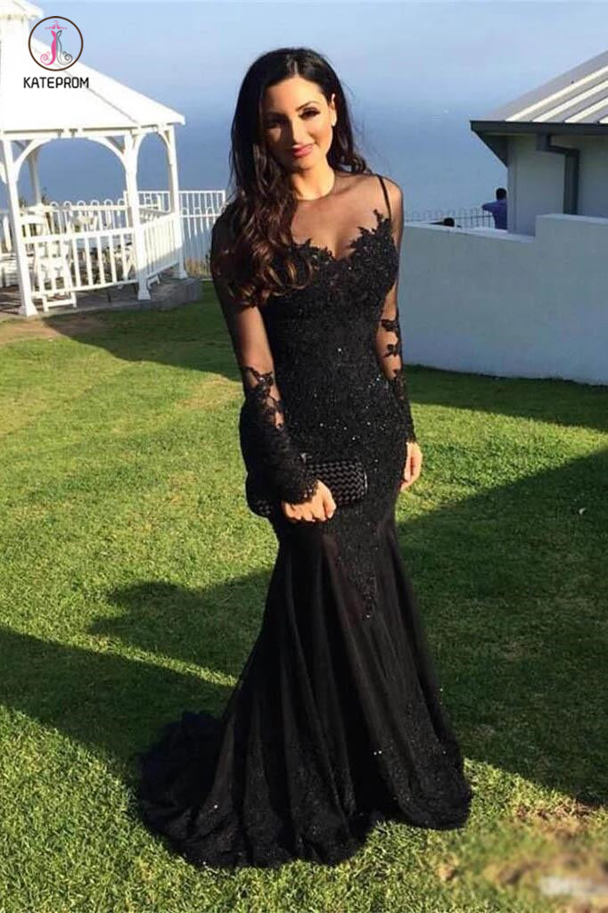 Black Mermaid Dresses Long Sleeves Lace Appliques Sheer Jewel Neck Prom Dress KPP0404