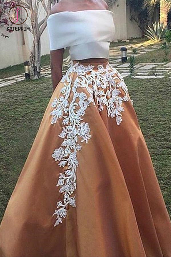 Two Piece Off the Shoulder Prom Dress, Vintage Appliqued Long Formal Dress KPP0518