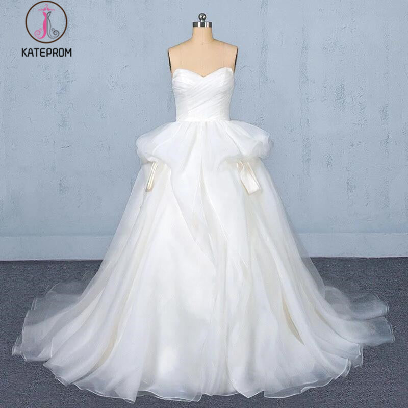Ball Gown Sweetheart Tulle Ivory Wedding Dress, Gorgeous Sweep Train Bridal Dresses KPW0492