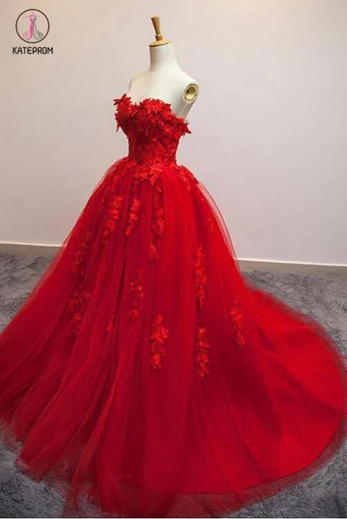 Sexy Red Sweetheart Strapless Ball Gown Applique Tulle Long Prom Dress,Party Dresses KPP0301
