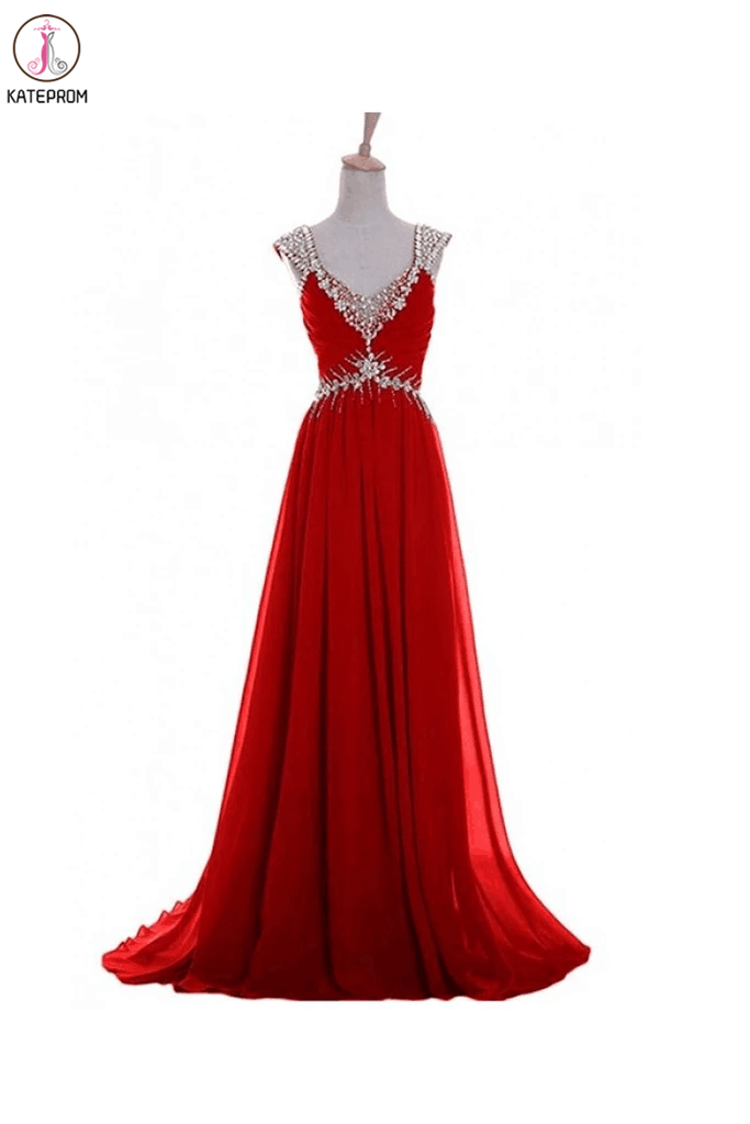 V Neck A-line Red Backless Chiffon Prom Dresses KPP0011