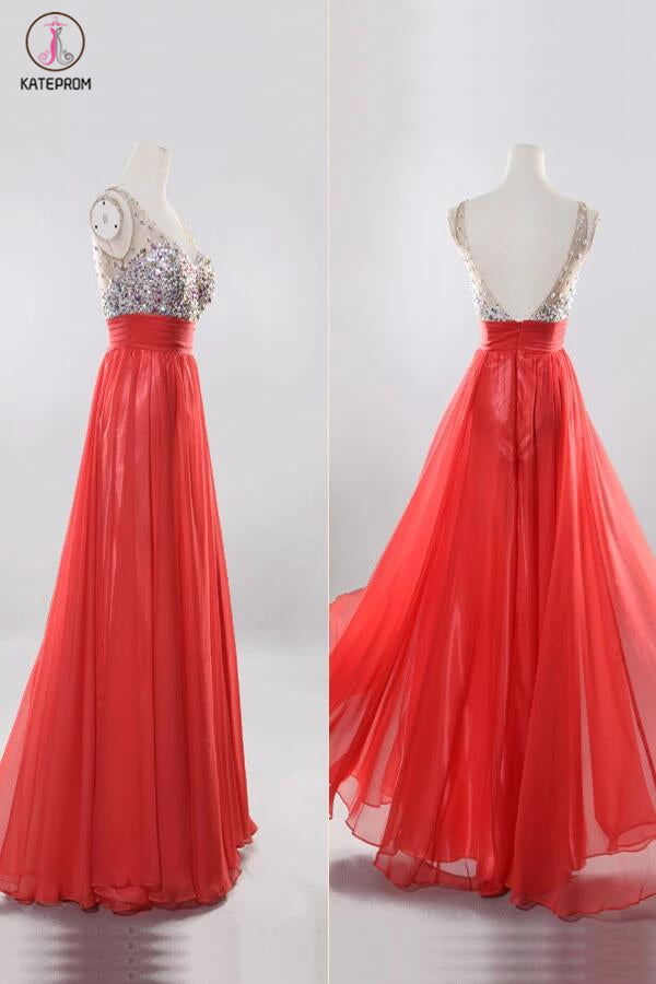 V-neck Beaded Red Long Backless Prom Evening Dresses KPP0062