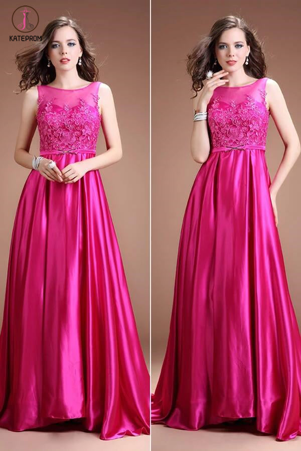 Fuchsia Long Satin Lace Beaded Cap Sleeves Prom Dresses KPP0045