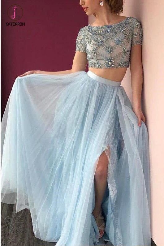 Two piece Bateau Short Sleeve Beading Light Blue Tulle Split Prom Dress with Lace KPP0286