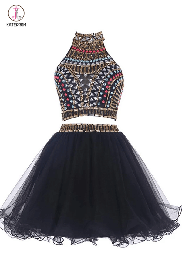 Two-piece High Neck Navy Blue Organza Homecoming/Prom Dresses KPH0027