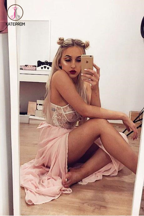 Spaghetti Straps Pink Chiffon Long Prom Dresses with Lace, Split Party Dresses KPP0535