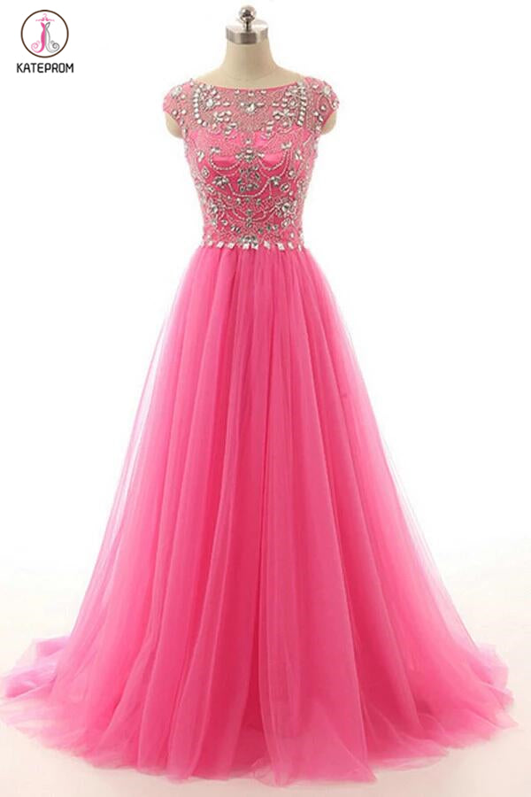 Hot Pink Beaded Long Zipper Modest Evening Prom Dresses KPP0032