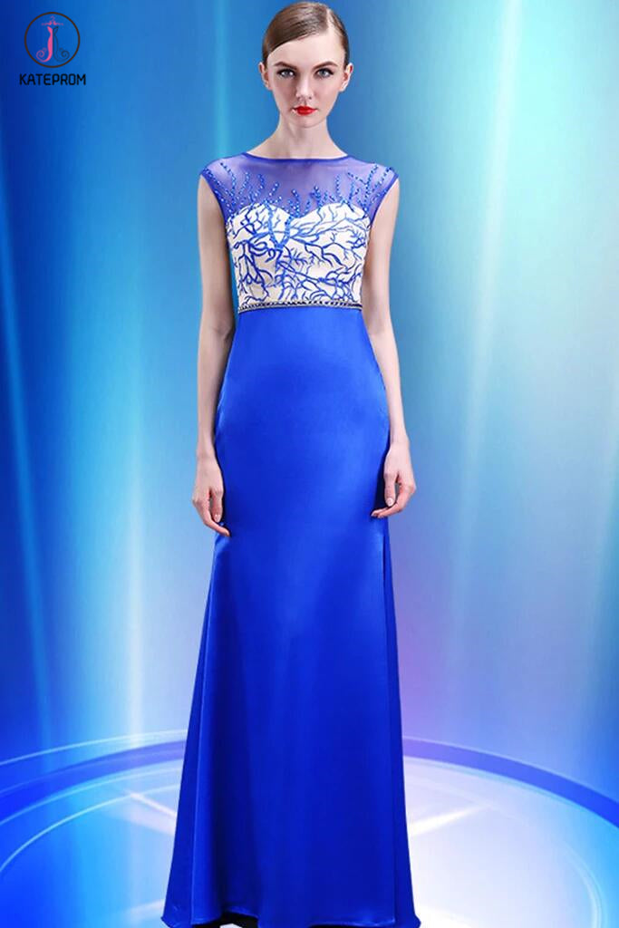 Sheath Royal Blue Mermaid Cap Sleeves Long Prom Dresses KPP0040