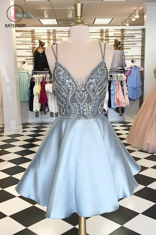 Sexy V-neck Straps Short Beads Homecoming Dress,Mini Short Prom Dresses,Party Dress KPH0211