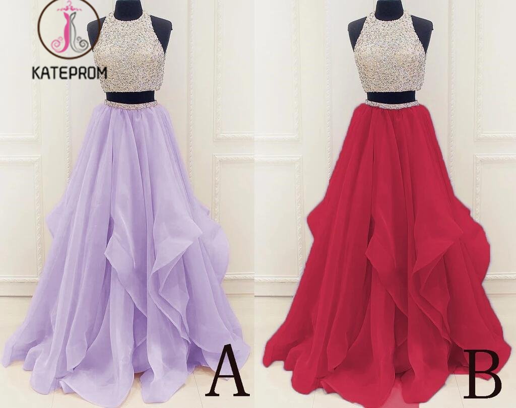 Lilac New Arrival Modest Organza Prom Dresses,Stunning Sequin Two Piece Prom Dress KPP0171