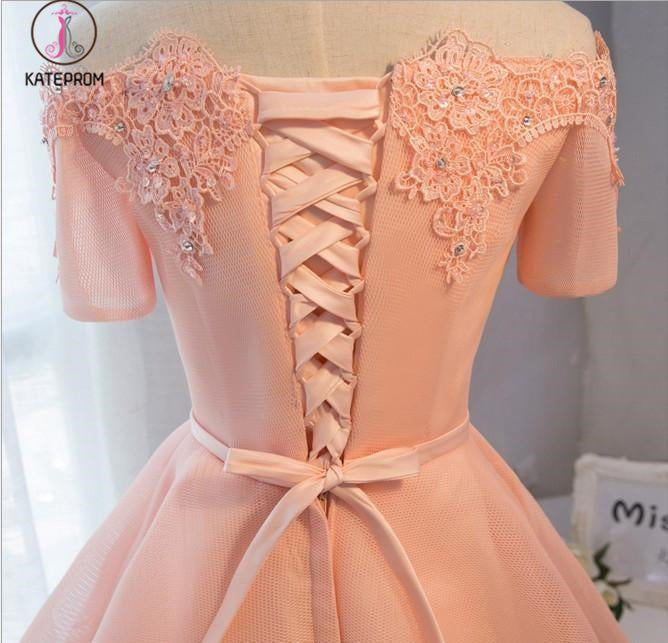 Pastel Orange Appliqued Tulle Off-shoulder Homecoming Dresses,Short Party Dress KPH0235