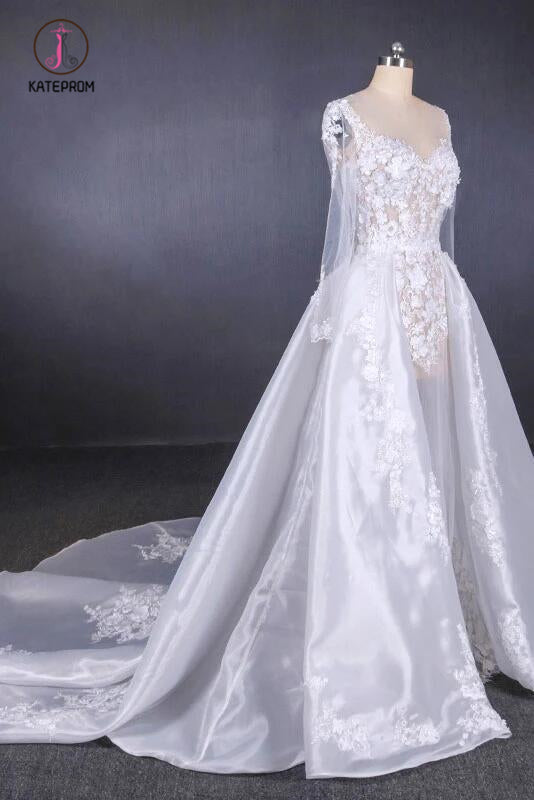 Gorgeous Long Sleeves Sweetheart Wedding Dress, White Bridal Dresses with Applique KPW0471