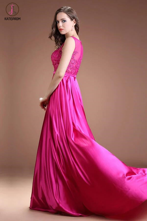 Fuchsia Long Satin Lace Beaded Cap Sleeves Prom Dresses KPP0045