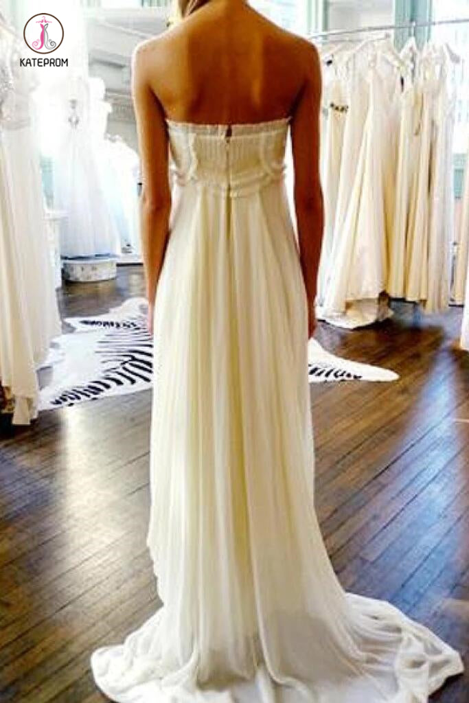 Unique Strapless Sweep Train Zipper Natural Ivory Ruffles Beach Wedding Dresses KPW0203