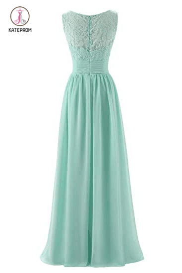 Mint Green V Neck Long Bridesmaid Dress with Lace, Simple Pleated Long Bridesmaid Dress KPB0186
