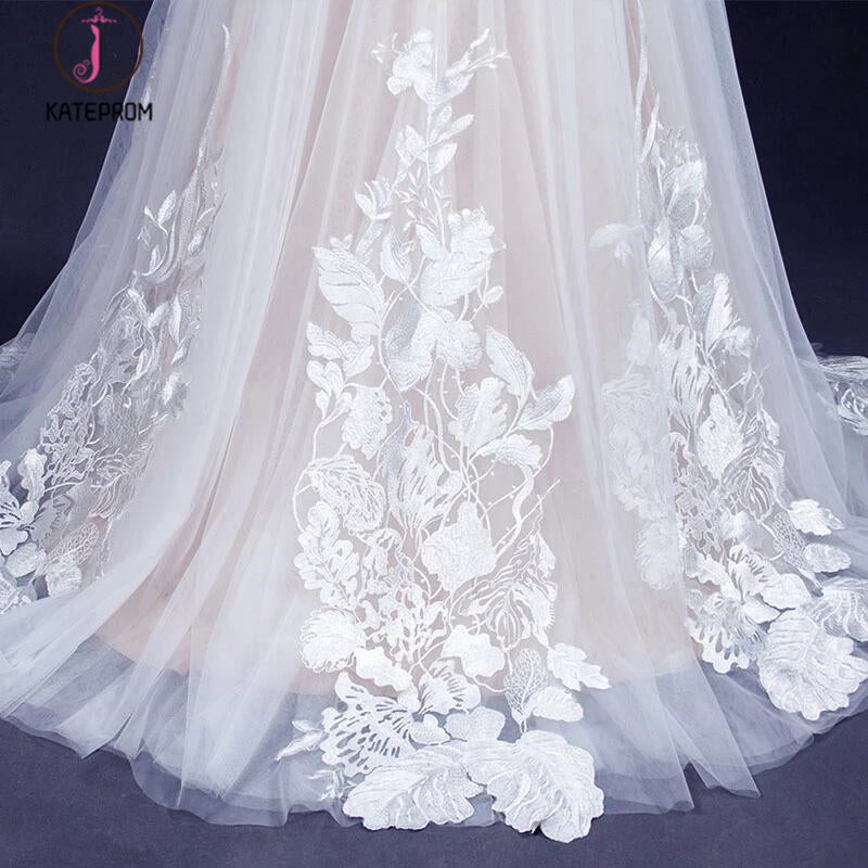 A Line Sweetheart Tulle Appliqued Wedding Dress, Strapless Tulle Bridal Dresses KPW0491