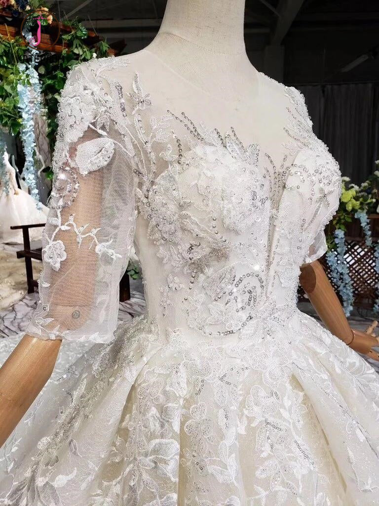 Gorgeous Lace Wedding Dress with Half Sleeves, Ball Gown Long Wedding Dresses KPW0330