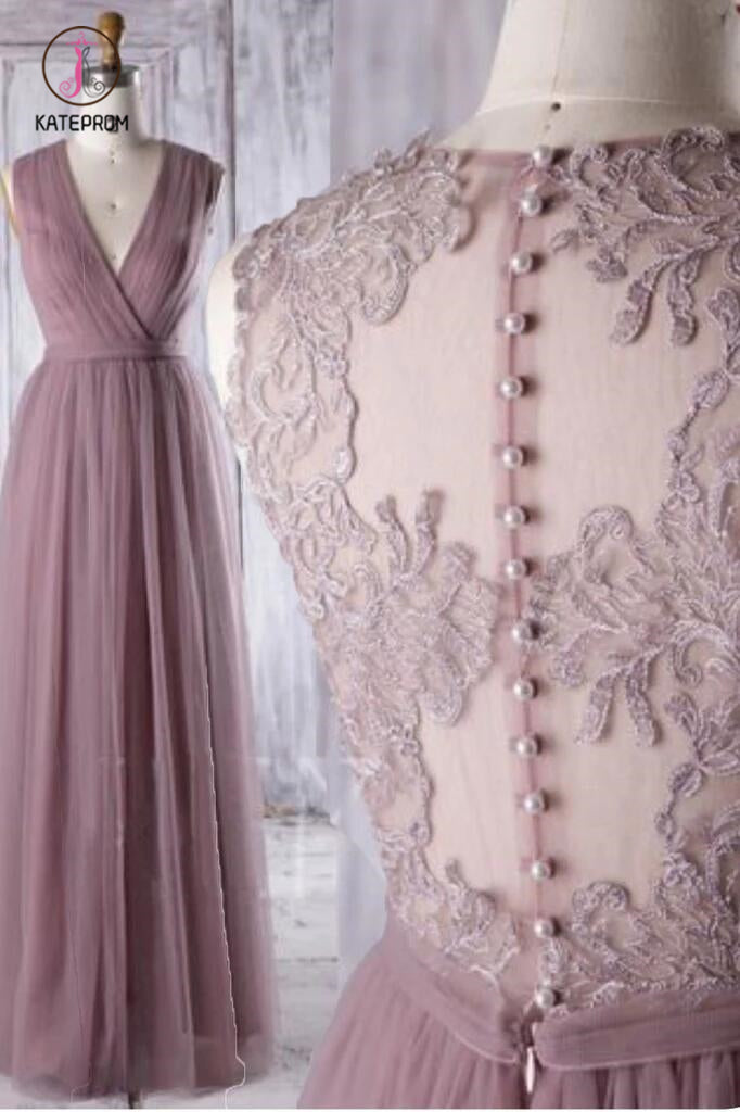 Dark Mauve Tulle Prom Dress Neck Maxi Dress A-Line Party Dress Illusion Evening Dress KPB0181