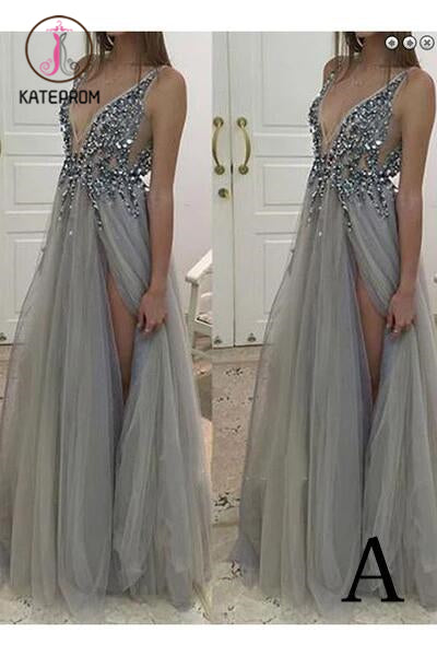 Gray Deep V-neck Side Slit Prom Dresses,Tulle Sleeveless Formal Dress With Sequins and Beads KPP0131