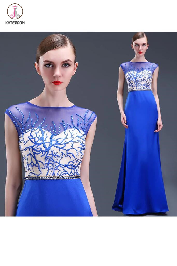 Sheath Royal Blue Mermaid Cap Sleeves Long Prom Dresses KPP0040